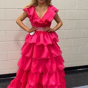 Elegant Hot Pink Ruffled Tiered Evening Dress